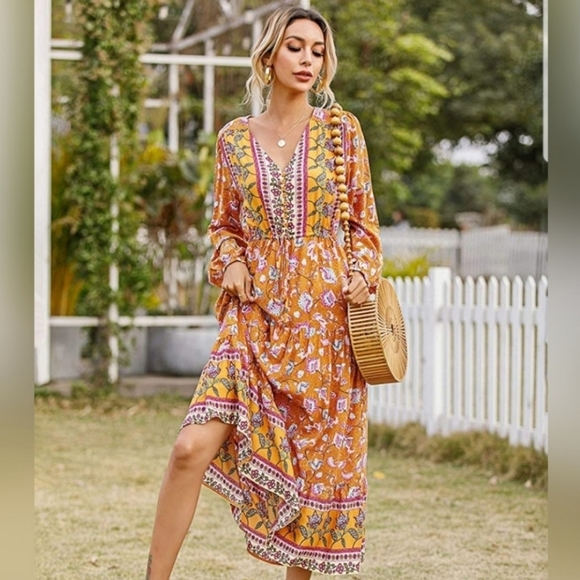 🌞Long Sleeve Cotton V-Neck Button Up Floral Print - Picture 4 of 5